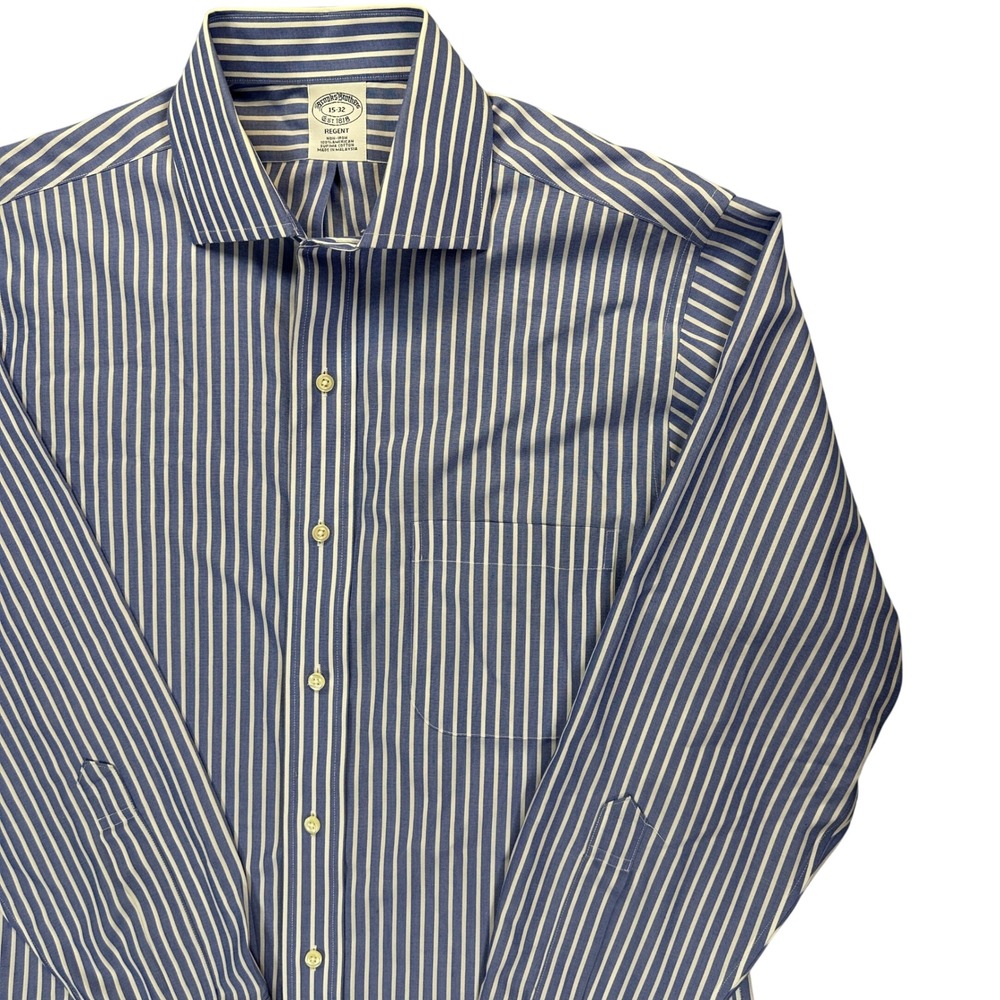 Brooks Brothers 1818 Regent Dress Shirt Mens 15 32 Blue White Stripe Sup. Cotton